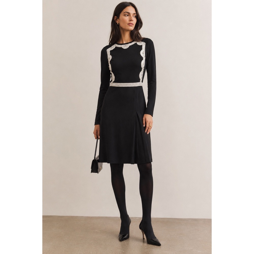 Tory Burch Maci Dress Black Sequin‎ Embellished Long Sleeve Midi Jersey XS Chic